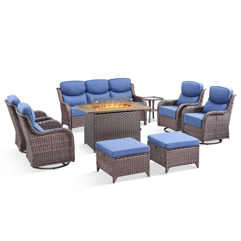 Prunier 9-Piece Outdoor Wicker Patio Conversation Set With Rectangle Fire Pit, 3-Seat Sofa, Ottomans, 4 Swivel Gliders And Side Table