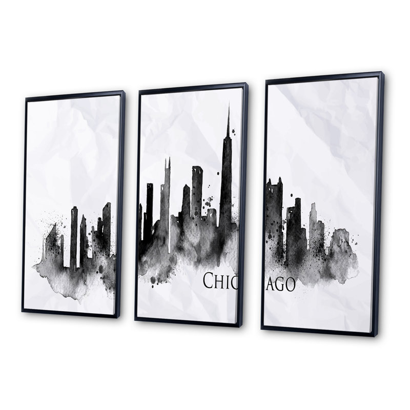 «Chicago Black Silhouette - Cityscape», ensemble d'art mural sur toile, Blanc, H 32 po x l 48 po