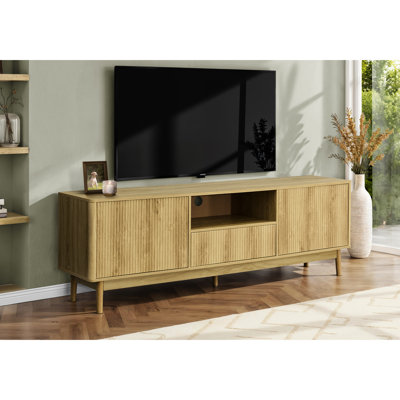 Meuble télé Mid-Century de 72 po en stratifié noyer avec rangement et tablette ouverte pour le salon