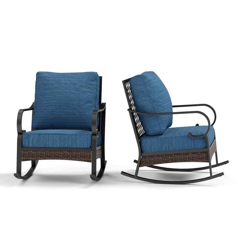 Chaise longue berçante et coulissante en métal, Coussin bleu paon / cadre noir