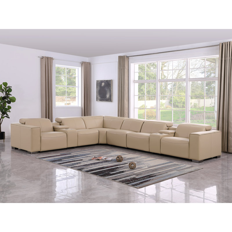 Pomona Luxurious Genuine Leather 8-Piece Sectional With 3 Power Reclining Seats & Power Headrest, Beige