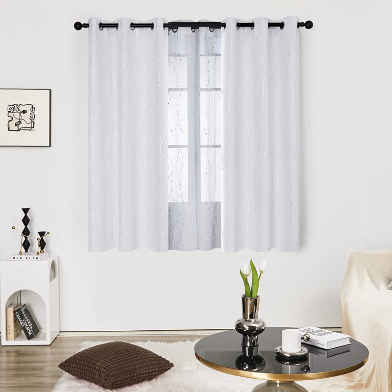 Senath Dotted Line Foil Printed Room Darkening Thermal Curtains, Greyish White, 117cm W x 183cm D
