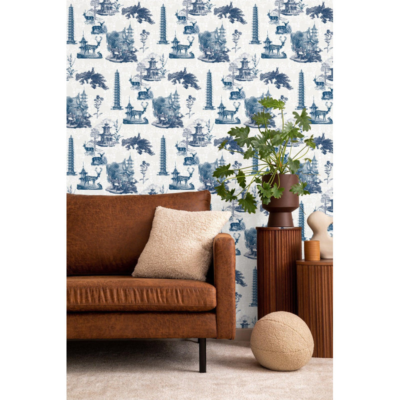 The Signature Pagoda Toile 10' L x 24" W Wallpaper Roll, Moon, Non-pasted, Faux Grasscloth
