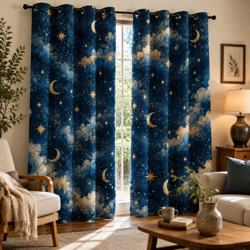 2 pièces de rideaux obscurcissants à motif de lune céleste et d'étoiles, 53 * 85 pouces * 2 pièces