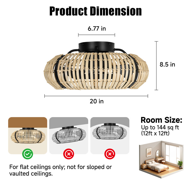 20" Flush Mount Caged Ceiling Fan with Light Farmhouse Natural Bamboo Strips, Horizontal Weave