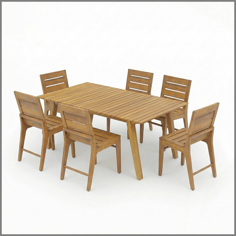 7-Piece Outdoor Dining Set, 69" Solid Wood Dining Table & 6 Acacia Wood Dining Chairs with Teak Finish, Ergonomic Curved Back, Weather Resistant for Garden, Backyard, Patio