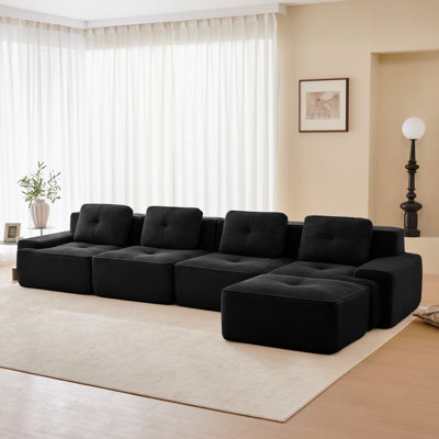 Canapé modulaire en forme de L de 153 po pour salon modulaire en tissu de velours côtelé de 153 po avec siège profond et repose-pieds mobile, passepoil perlé, conception sans assemblage, conception antidérapante