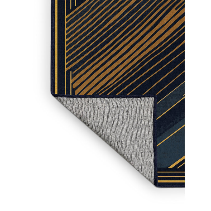 Tapis art déco lavable à la machine Wimberley tour magique en gris - reliure marine, 2 x 4