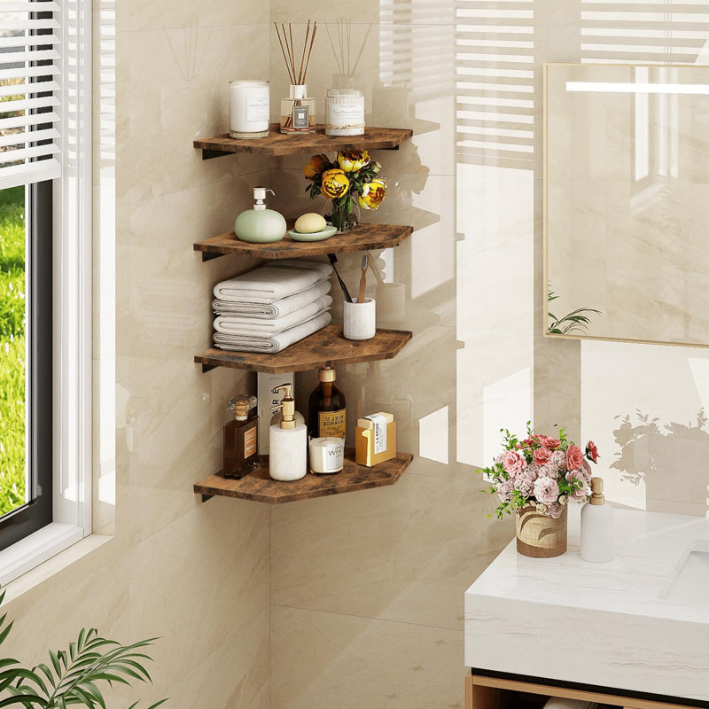 Set Of 4 Heavy Duty Rustic Corner Shelves With Cable Management - Ideal For Stylish Storage, Brown
