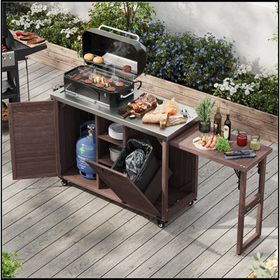 Îlot de cuisine 78,3 po avec table de barbecue pliable, chariot en bois avec plateau en acier inoxydable et rangement pour les déchets