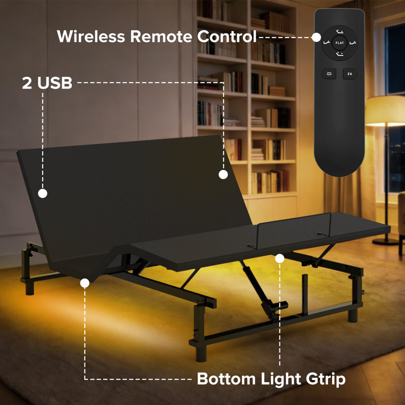  Structure de lit grand ajustable avec gravité zéro, télécommande sans fil, ports USB et veilleuses sous le lit - Base en acier noir antique