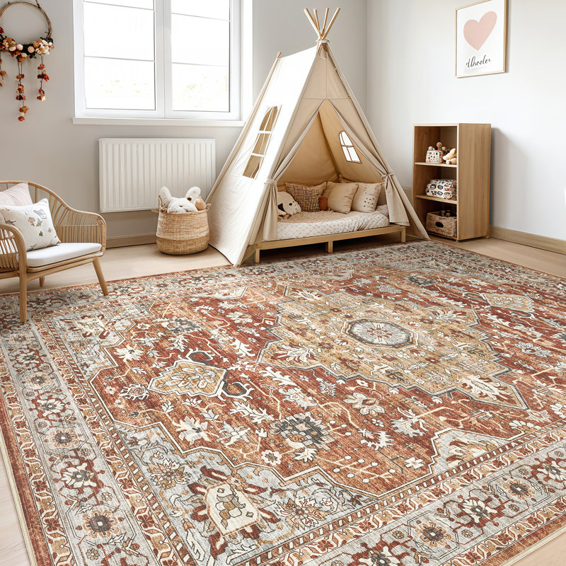 Tapis oriental lavable Aasen Boho - rouge / brun, Rouge / Brun, Rectangle 10 pi x 14 pi