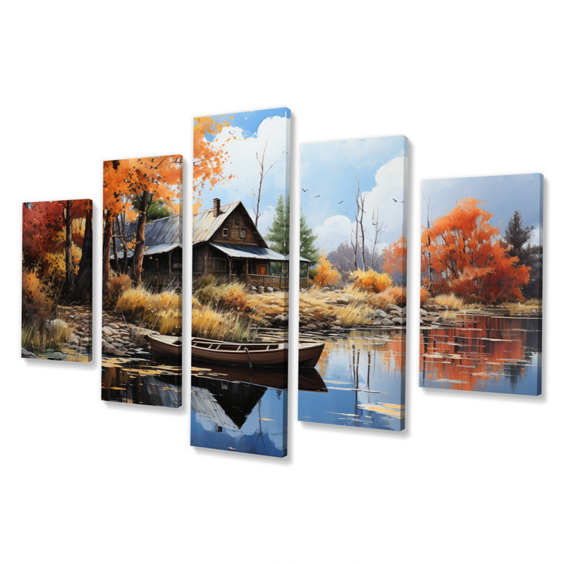 Lakeill's Lakeid Hideaway Pointillism - Lake House Cottage Art mural salon - 5 panneaux