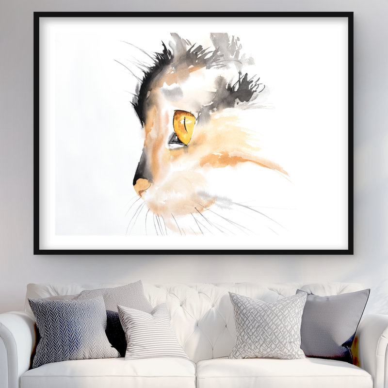 «Watercolor Cat Face Profile - Grey Animals», reproduction encadrée, H 36 po x l 48 po, Noir