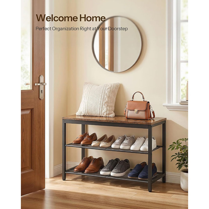 Banc de rangement industriel pour chaussures avec tablettes en filet à 3 niveaux, range-chaussures pour hall d'entrée, brun rustique, assemblage facile, banc de couloir de 29,5 pouces