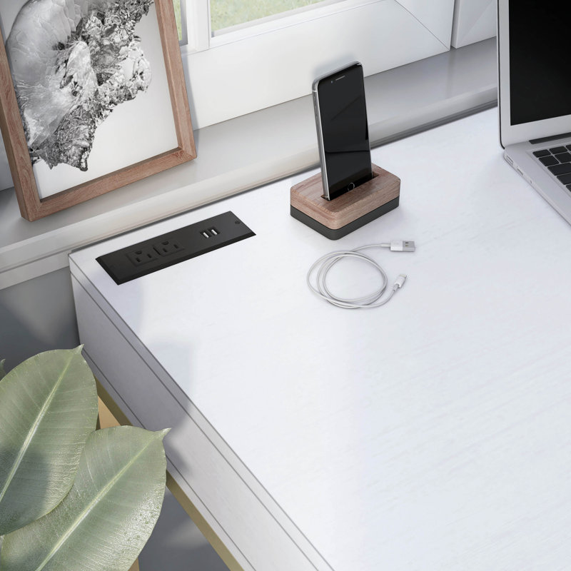 Livengood Metal Base Writing Desk with Power Outlet, White/Gold
