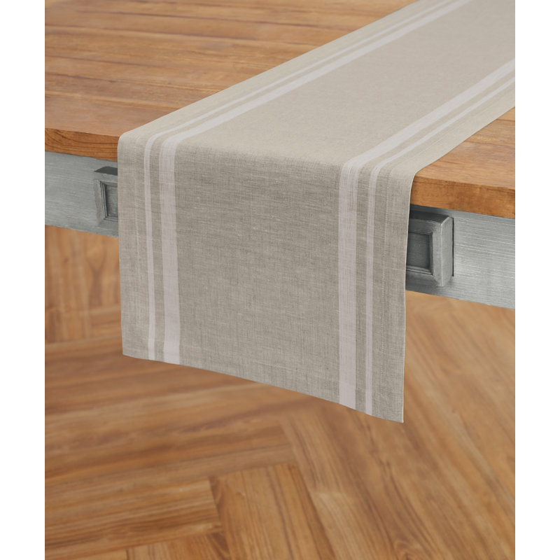 French Stripe - 100% Pure Linen Table Runner, 60" x 14", White/Natural