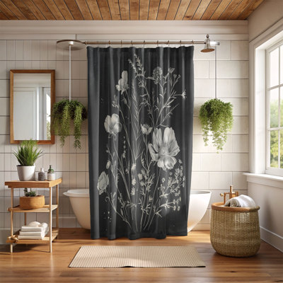 Rideau de douche standard 1 pièce Black White Flower Designs