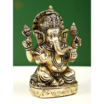 4" Small Brass Lord Blessing Ganesha Statue – Handcrafted Hindu Elephant God Idol for Home Altar & Desk Decor