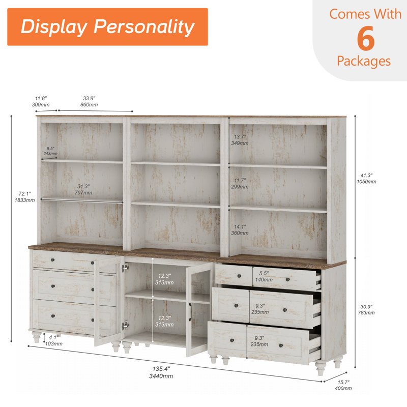 Dalontae Sideboard Cabinet With Bar Hutch, Buffet Cabinet With 2 Glass Doors, 6 Drawers And 3 Tier Shelves, 101''