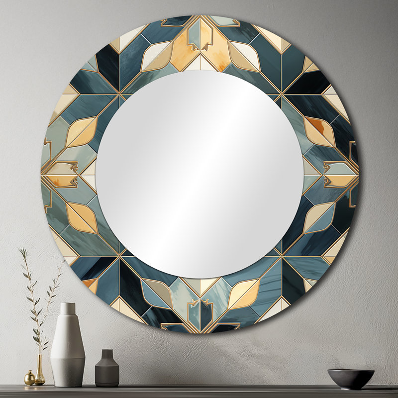 Carreaux marocain beige et bleu Roxeann antique - décor de miroir mural géométrique unique, grand miroir rond moderne, impression d'art en métal