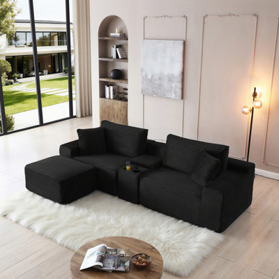 Canapé modulaire modulaire, canapé en nuage de velours côtelé à siège profond avec porte-gobelets, ports USB et boîte de rangement, canapé-lit, canapé-lit sans dossier avec repose-pieds mobile pour le salon, aucun assemblage requis