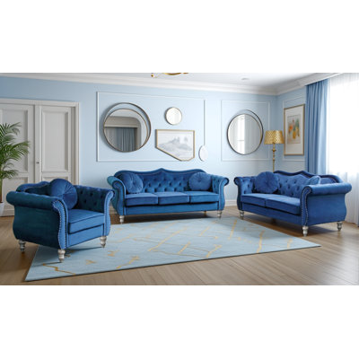 Geneva Velvet Fabric 3pc Living Room Set by House of Hampton