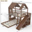Lit superposé simple au dessus d'un lit double en bois massif avec tablettes, garde-robe et glissade-355027556-364566858