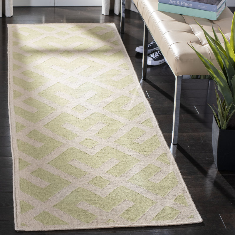 Crawford Hand Woven Flat Weave Wool/Cotton Geometric Rug in Ivory/Light green, Runner 2'6" x 12'