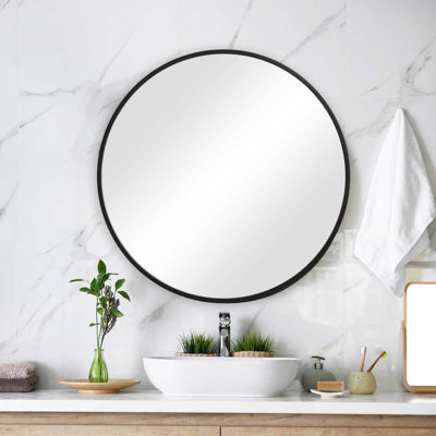  Miroir mural rond 37 po H PVC noir mat Cadre contemporain en métal durable pour meuble-lavabo ou entrée moderne
