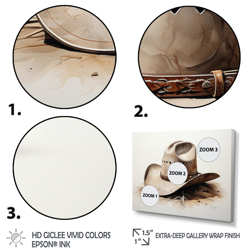 Chapeau de cowboy style minimaliste V - Cowboys, art mural de salon, H 24 po x l 32 po x P 1 po, Toile tendue