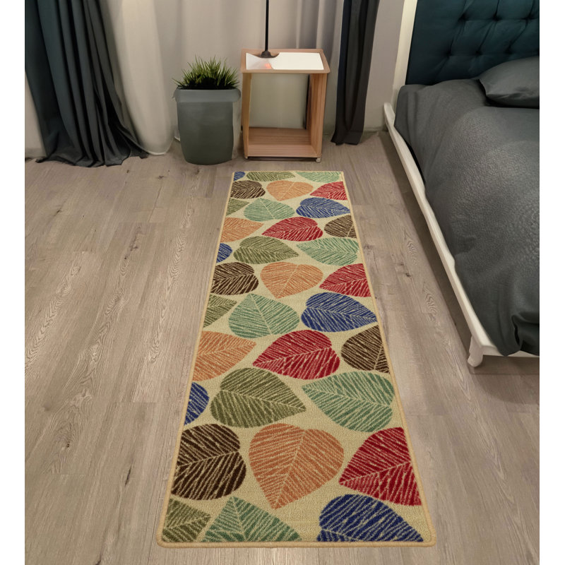 Machine Washable Floral Leaves Beige Slip Resistant Rugs, Runner 1'11" x 6'11"