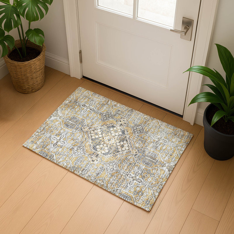 Premium Machine Washable Mayfield AMF2197 global Rug, Gold, 1'8" x 2'6"