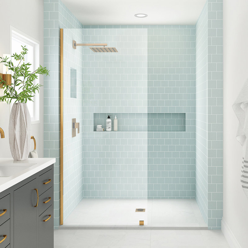 Elyse XL 38 in. W x 80 in. H Fixed Frameless Shower Door with Clear Star Cast Glass, Brushed Gold