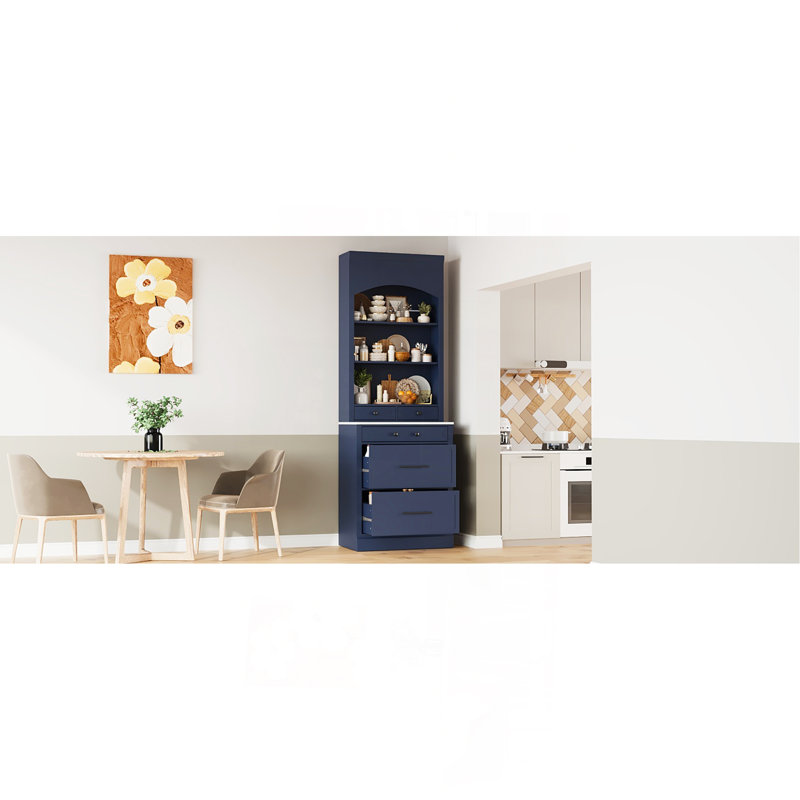 Modern 83.7inch High Kitchen Pantry, Freestanding Tall Kitchen Hutch with Faux Marble Top, Display Cupboard Cabinet with 5 Storage Drawers and Adjustable Shelf, Blue