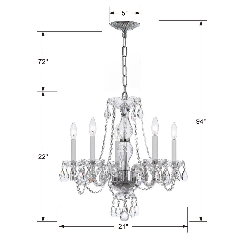 Lustre traditionnel / classique à 5 lumières de style bougie Wehr, Spectra Swarovski / Chrome