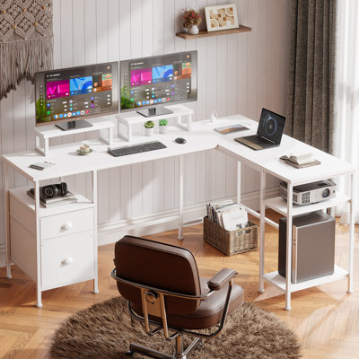 L-Shaped Computer Desk with 2 Monitor Stand, Power Outlet, Cabinet Gaming Desk Metal Base with Drawers Writing desk for Home Office by 17 Stories