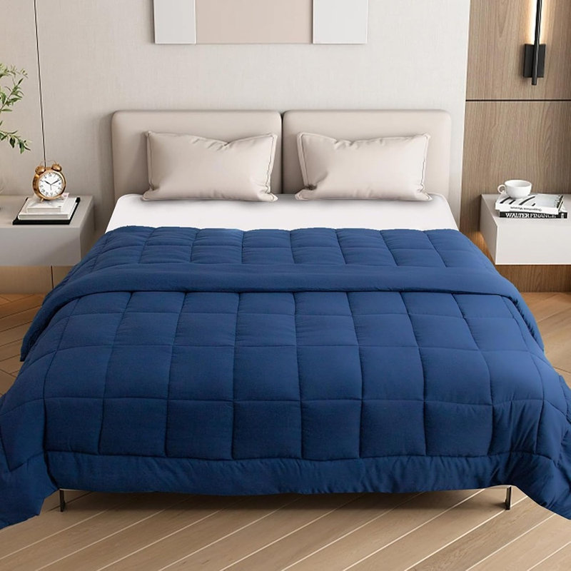 Bed Comforter – Navy Blue – Queen/Full, Down-Alternative, All-Season, Lightweight, Box-Stitch Design