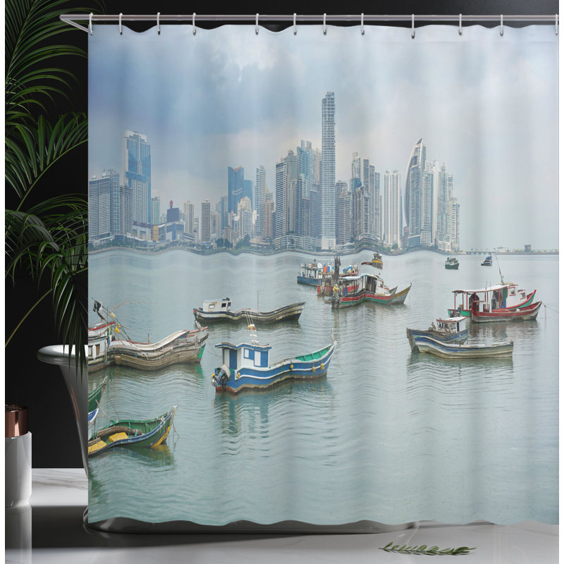 Ambesonne Landscape Shower Curtain Fishing Boats Panama  Multicolor, 84"H x 69"W