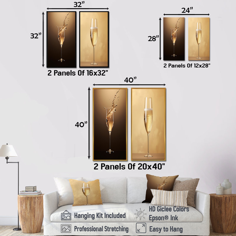 «Fragility Golden Champagne», ensemble de 2 impressions sur toile champagne, Cadre flottant noir, H 28 po x l 25 po