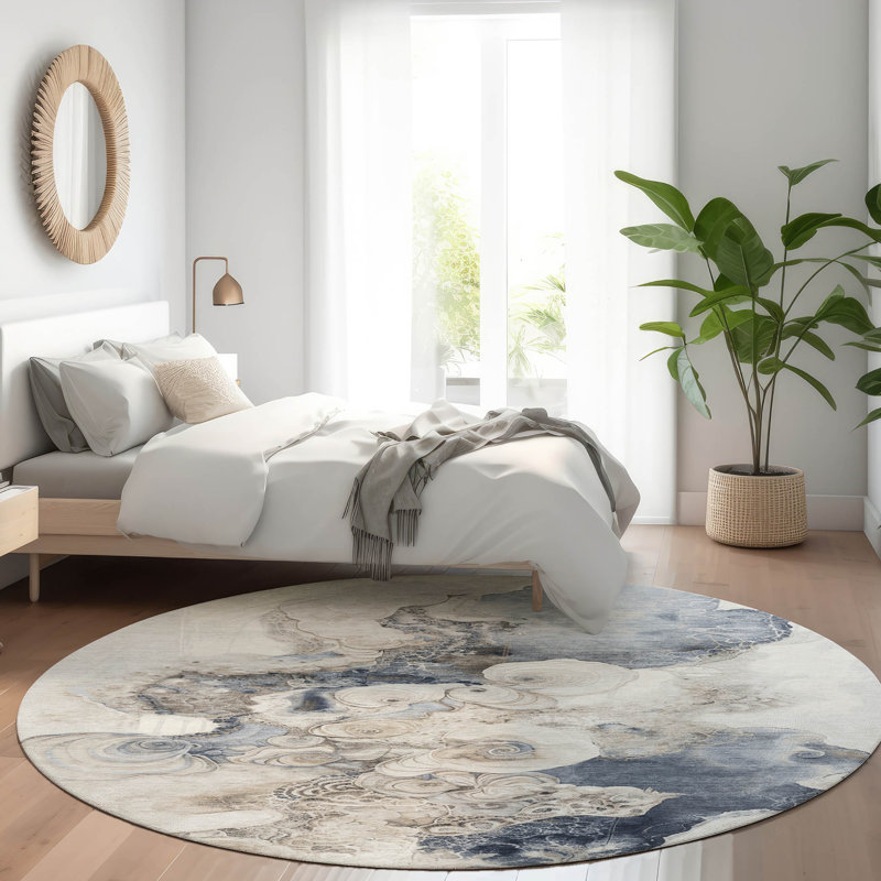 Machine Washable Indoor/Outdoor Xhevrie Ivory Rug, Round 8' x 8'