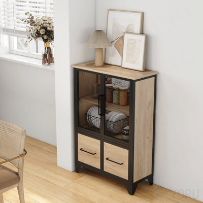 Armoire de rangement à 4 portes en fer, buffet / structure en métal - noir / naturel