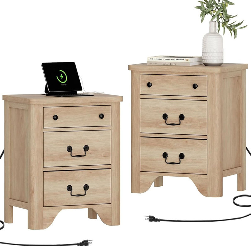 Haikey 3-Drawer End Table Set With Storage And Built-In Outlets (Set Of 2), Oak, Oak