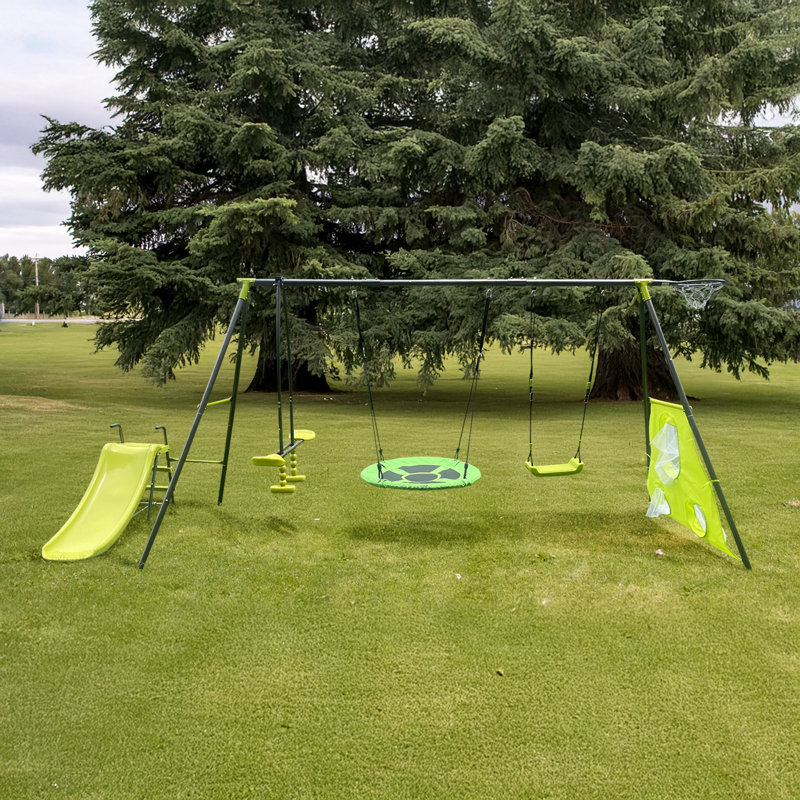 Ensemble de jeu de plein air six fonctions avec soucoupe pivotante et toboggan avec capacité de jeu de 440 lb pour les enfants de 3 ans et plus