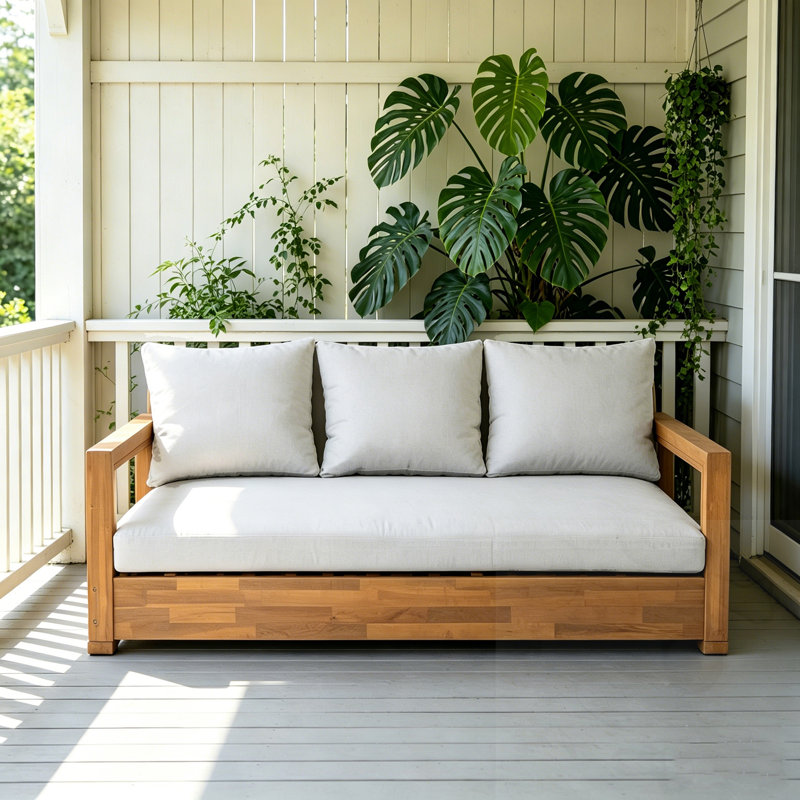 Canapé d'extérieur en bois 3 places avec coussins, Light Gray, Teck