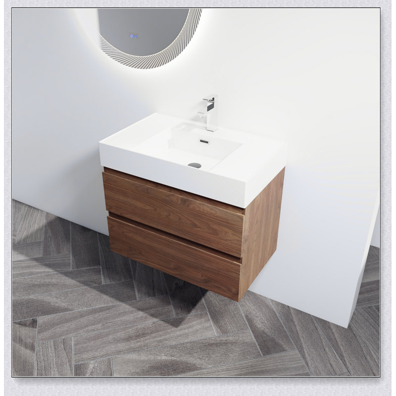 Meuble-lavabo mural 30 po avec lavabo en résine, 2 tiroirs à fermeture en douceur