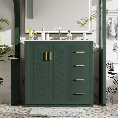 Rangement de salle de bain de 36 pouces avec lavabo en céramique, structure en bois massif, nombreux articles de toilette, quincaillerie à fermeture en douceur, armoire et panneaux de style rétro, rangement à trois tiroirs, rangement dissimulé, assemblage facile