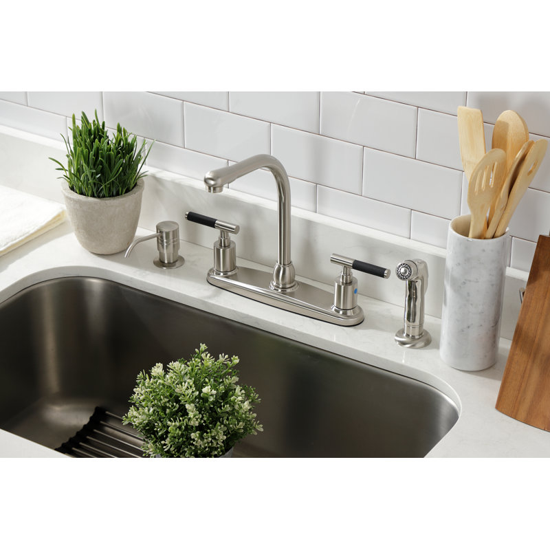 Kingston Brass Kaiser Two-Handle 4-Hole 8" Centerset Kitchen Faucet with Side Sprayer, Brushed Nickel