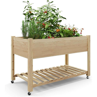 Mobile Raised Garden Bed with Lockable Wheels Wood Elevated Planter with Storage Shelf and Liner