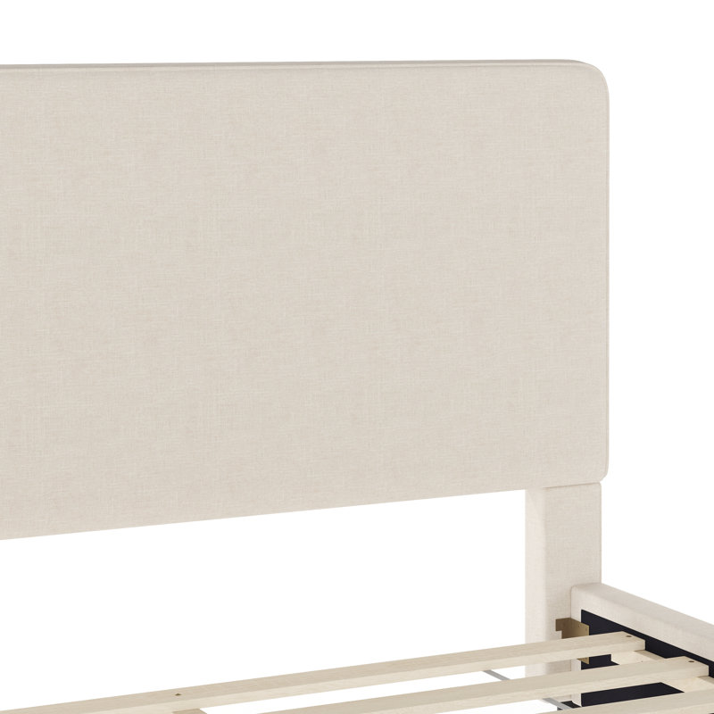 King Beige Linen Upholstered Platform Bed with Walnut Legs